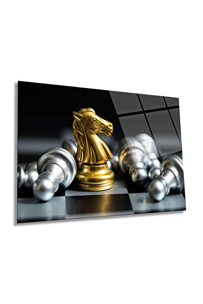 Rosyvien Altın Satranç Takımı Yatay Cam Tablo, Modern, Ev ve Ofis Duvar Dekoru, Lüks Hediyelik