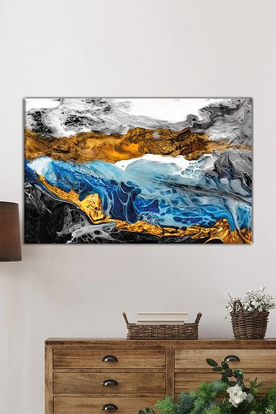 Rosyvien Masa orizontala din sticla cu aspect de marmura cu detaliu din aur albastru, arta colorata, decor de perete pentru biroul de acasa, cadou de lux