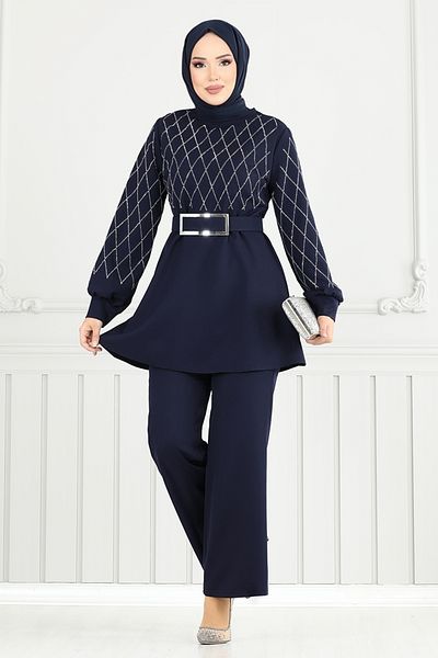ModaMerve Επιμεταλλωμένο Σετ Χιτζάμπ 2691SL890-M Navy