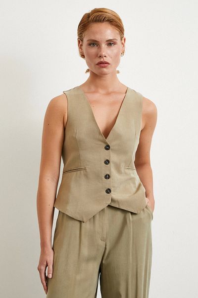 Never more Pocket Covered Linen Vest Khaki