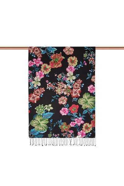 ipekevi Black Petunia Patterned Silk Shawl