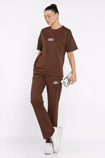 GÜLSELİ Coffee Crew Neck Embroidered Women's T-Shirt Pants Double Set