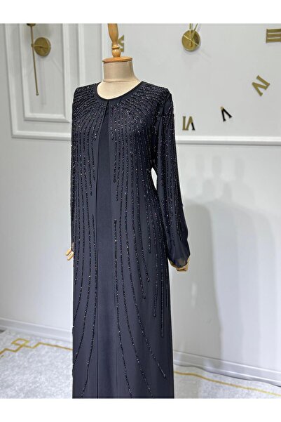 ModaMinar Women's Chiffon Shoulder and Sleeves Stone Embroidery Chiffon Dress