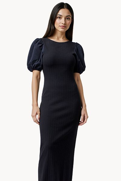 French Connection Puff Sleeve Cotton Blend Mid-Calf Dress