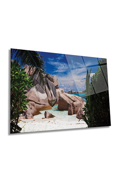 Rosyvien Pictură pe sticlă orizontală cu insulă tropicală și peisaj de stânci, decor de perete pentru casă și birou, cadou de lux