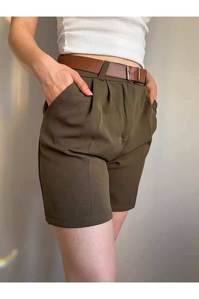 sielta Women's Khaki High Waist Belted Pocket Detailed Cotton Relaxed Cut Shorts