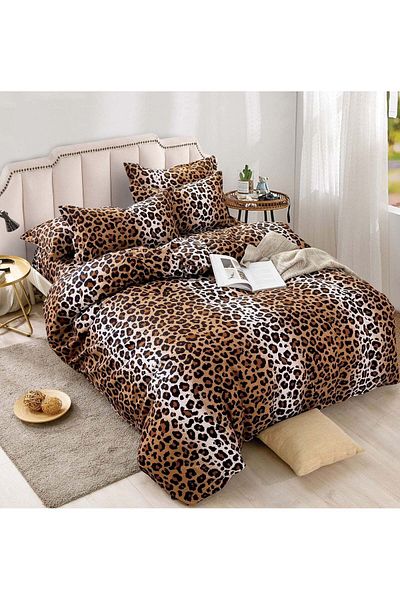 trendyhome Double Bed Linen, 6 Pieces, Fine Cotton, Leopard, Brown, J244055