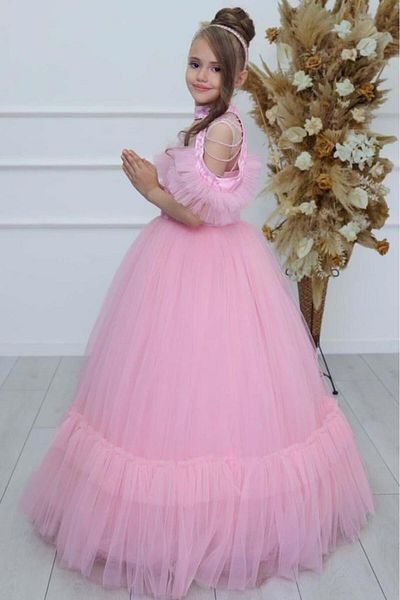 Riccotarz Κοριτσίστικο στήθος Glittery Jacquard Λεπτομερές αφαιρούμενο γιακά ώμους με πέρλες αμάνικο ροζ βραδινό φόρεμα