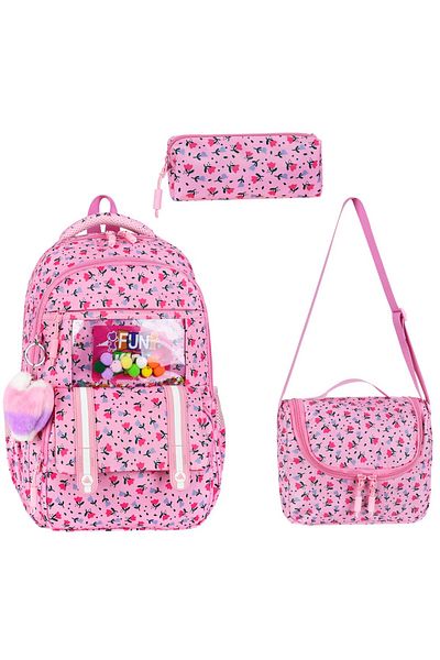 Çınka Bags Luxury Patterned Foil Lunchbox and Pen Holder School Bag Set of 3