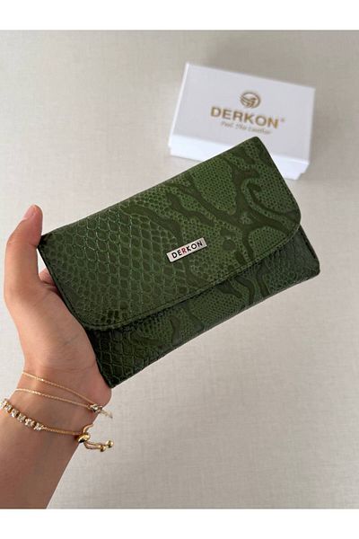 DERKON Crocodile Patterned Medium Size Genuine Leather Women's Wallet Green