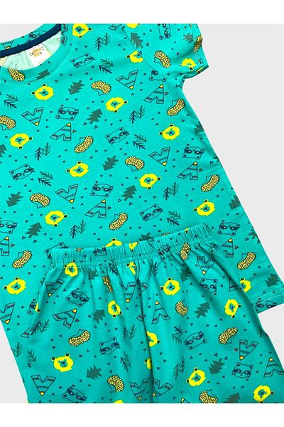 elmas kids Boys' 100% Cotton Green Teddy Bear Patterned Short Sleeve Shorts Summer Pajama Set