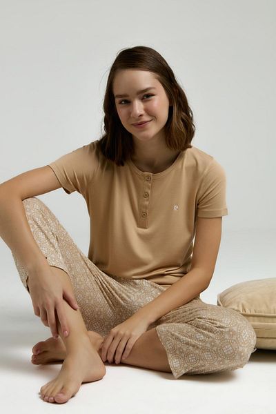 Pierre Cardin Buttoned Crew Neck Short Sleeve Capri Suit, Viscose Fabric