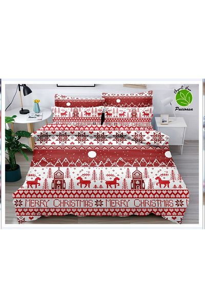 trendyhome Bed linen 2 persons, 6 pieces, Fine cotton, Red/White, Merry Christmas, BR11096