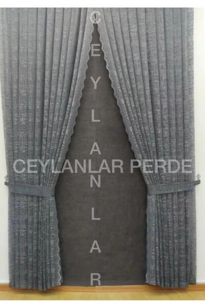Ceylanlar perde 2 Pieces of Background, Tight Pleated Tulle Background Curtain with Gray Slub Laces