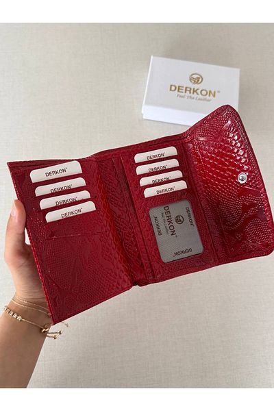 DERKON Crocodile Patterned Medium Size Genuine Leather Women's Wallet Red