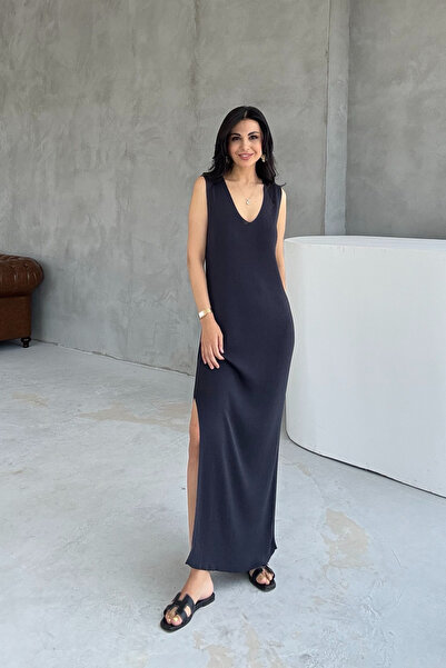 Seda Yalçın Atelier Smoked V-Neck Mercerized Slit Long Dress