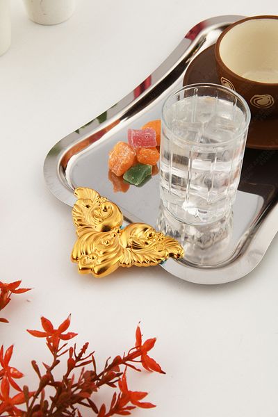AKSESUAR EVRENİ Filo Silver Colored Stainless Decorative Rectangular Presentation Tray with Gold Handles