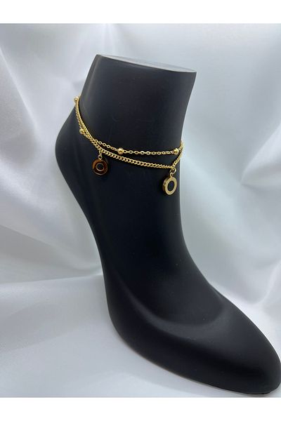 Mila Lumiere Roman Numeral Double Chain Dangle Gold Gold Color Steel Anklet