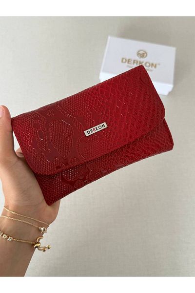DERKON Crocodile Patterned Medium Size Genuine Leather Women's Wallet Red