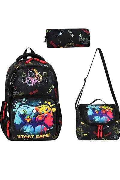 Çınka Bags Gamer Orthopedic Primary School Bag with Back Support, Foil Lunchbox and Pen Holder