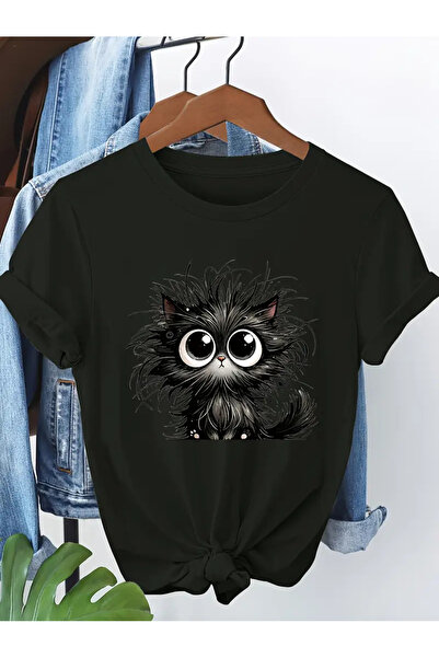 CLASİVA تي شيرت برقبة دائرية كبيرة الحجم للجنسين مطبوع عليه قطة لطيفة