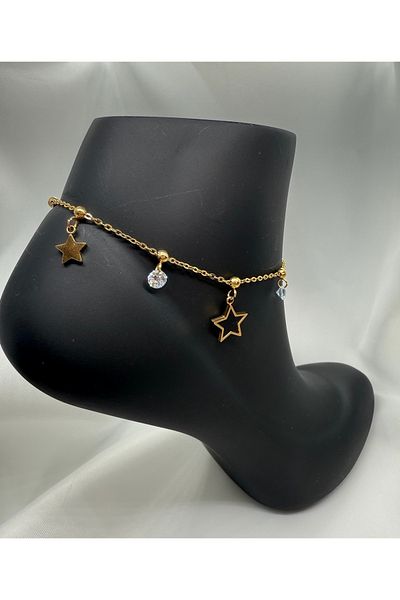 Mila Lumiere Gold Color Steel Anklet with Star and Zircon Stone Detail