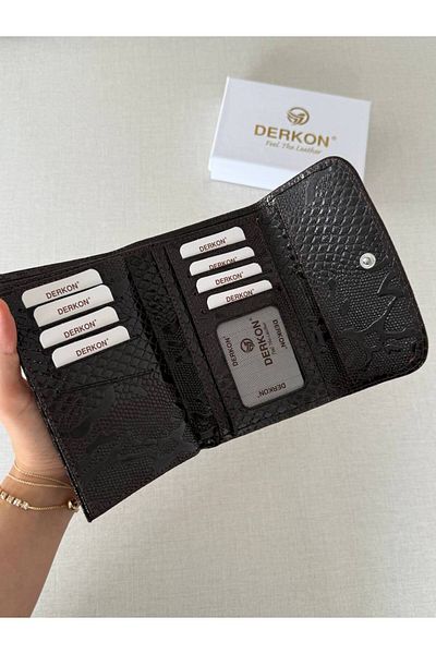 DERKON Crocodile Patterned Medium Size Genuine Leather Women's Wallet Brown