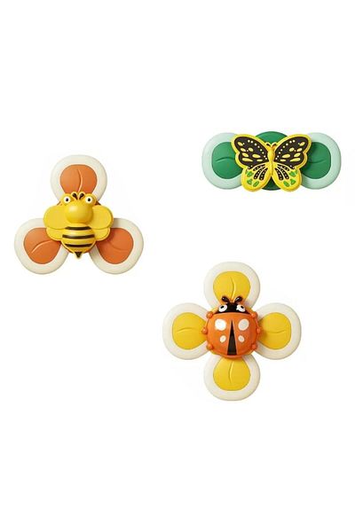 tumama Set 3 bath toys for children, Spinner Ladybug, Butterfly, Bee, Silicone Parts, Suction Attachments,