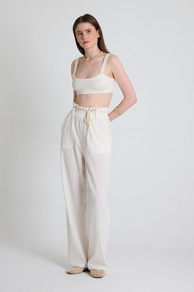 Rays White Linen Look 100% Cotton Gathered Waist Straw Belt Wide Leg Trousers 6941