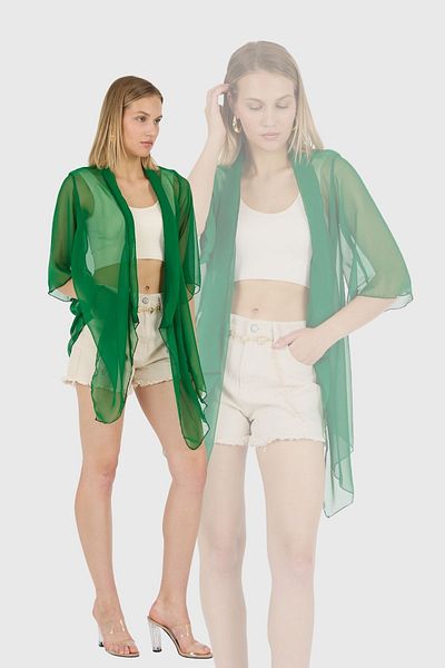 Laranor Dark Green Shawl Collar Flywheel Sleeve Chiffon Kimono Kaftan Beach Wear 25L8101