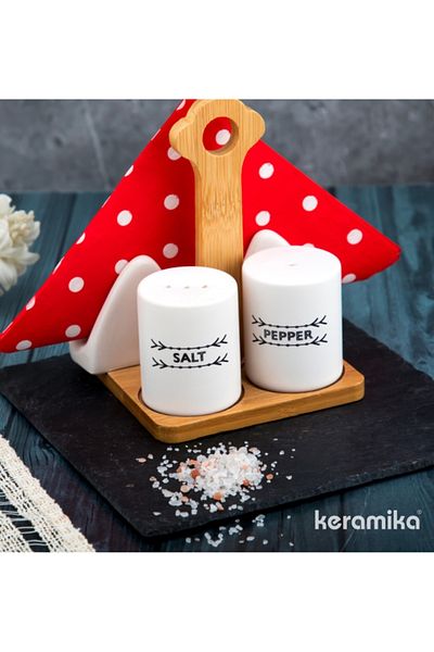 Keramika Set of 3 Salt and Pepper Shakers and Napkin Holders with Bamboo Stand
