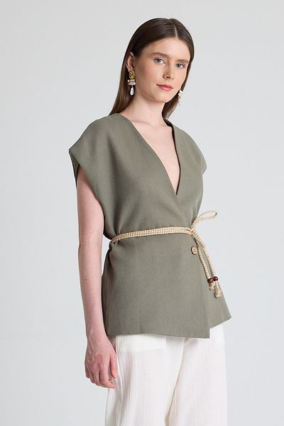 Rays Olive Green Straw Belt V-Neck Short Sleeve Jacket Vest 2378