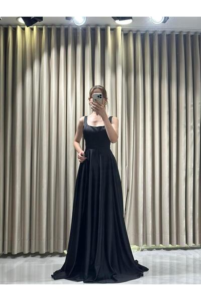 Kaleiçi Yıldızlar Siyah Yeni Sezon Saten Abiye 5604