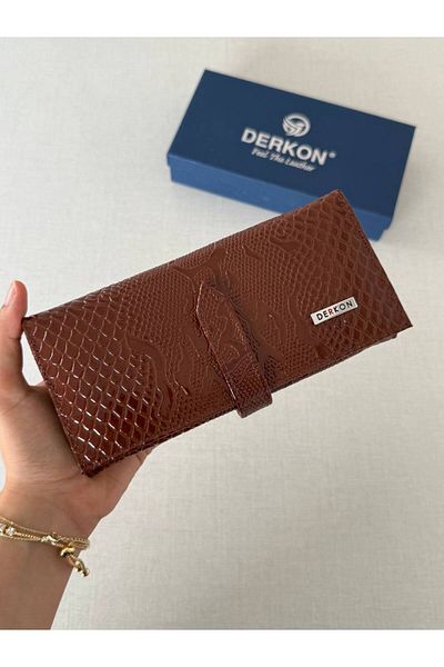 DERKON Crocodile Patterned Genuine Leather Women's Wallet Brown