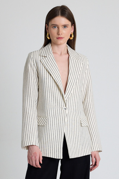 Rays Jachetă blazer cu dungi din bumbac 100% cu aspect de in negru 2305