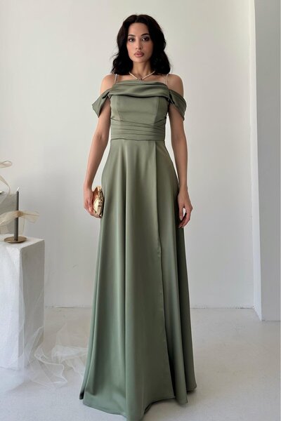 Serica Moda Rochie de seară din satin cu mâneci joase și bretele din piatră kaki