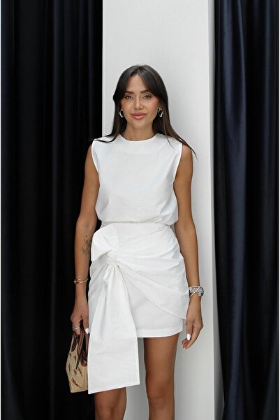 Havoş Ecru Bow Detailed Skirt Blouse Set