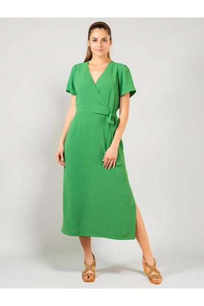 Kübra Tekstil Lupinn Fashion Πράσινο V λαιμόκοψη κοντό μανίκι με πλαϊνό δεμένο φόρεμα μίντι με ζώνη - καλοκαιρινό υφαντό