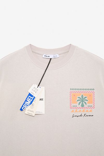 GRIMELANGE Rito Men's Printed Detailed Crew Neck Oversize Fit Beige T-Shirt
