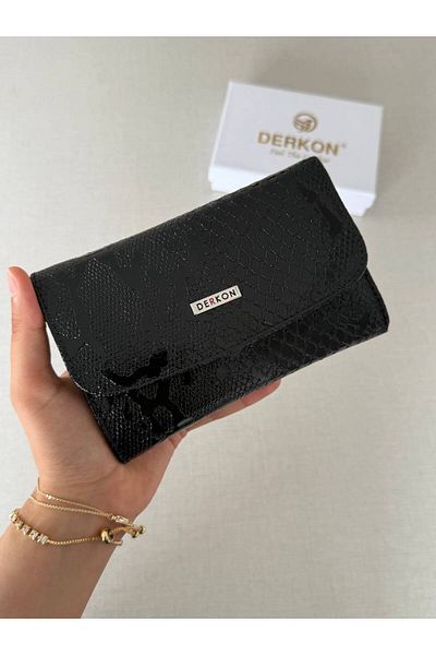 DERKON Crocodile Patterned Medium Size Genuine Leather Women's Wallet Black Color