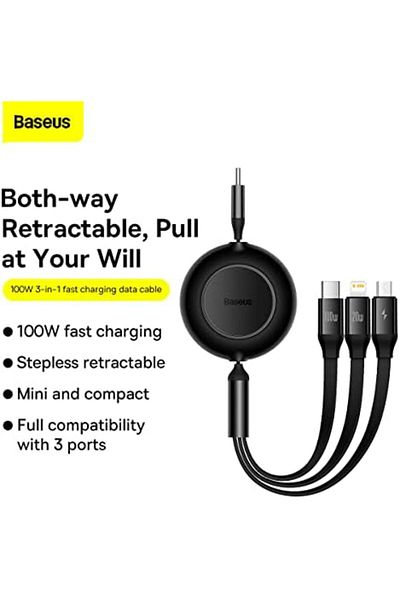 Baseus Bright Mirror 2 Series Fast Charging Cable, 100W 1.2M 3 in 1 Retractable Type-C Charging Cabl