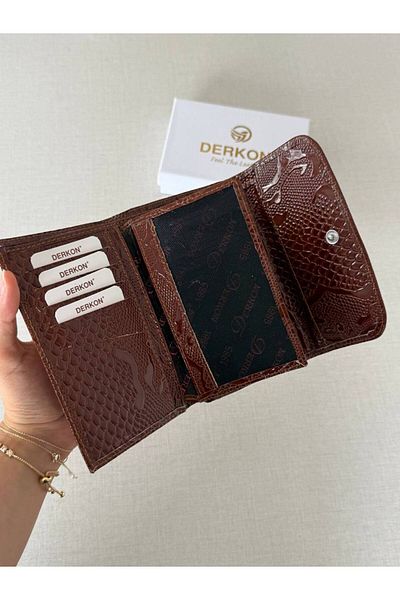 DERKON Crocodile Patterned Medium Size Genuine Leather Women's Wallet Tan Color