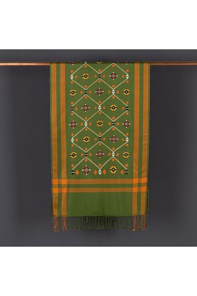 ipekevi Khaki Kilim Patterned Cross-Stitched Prime Silk Shawl