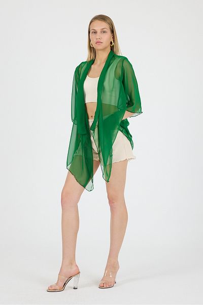 Laranor Dark Green Shawl Collar Flywheel Sleeve Chiffon Kimono Kaftan Beach Wear 25L8101