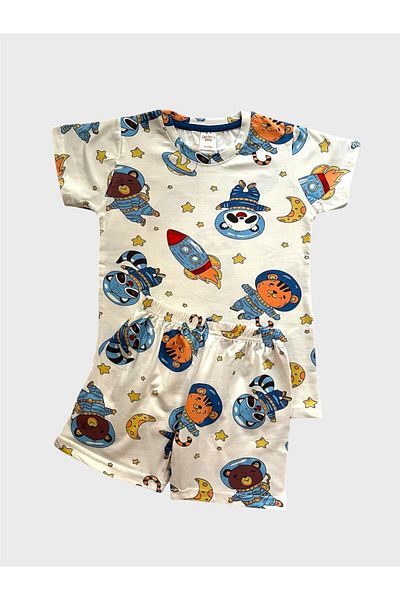 elmas kids Boys' 100% Cotton White Astronaut Patterned Short Sleeve Shorts Summer Pajama Set