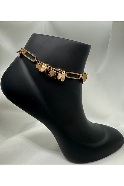 Mila Lumiere Oval Plate Hanging Sequin Thick Chain Gold Gold Color Steel Anklet