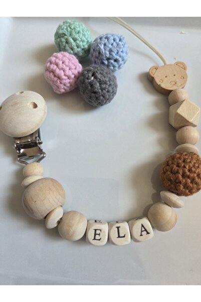 Hellemyst Ayıcıklı Uzun İsimli Bebek Emzik Askısı Doğal Ahşap Boncuk
