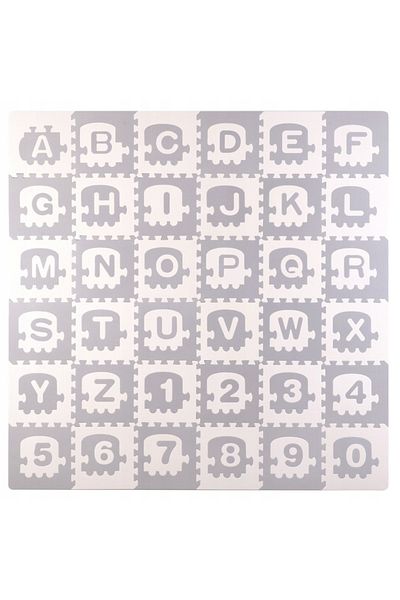 indiggo Puzzle Mat, Train Pattern with Letters and Numbers, 36 Tiles, 180x180x1.2 cm, White/Grey