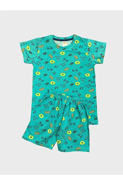 elmas kids Boys' 100% Cotton Green Teddy Bear Patterned Short Sleeve Shorts Summer Pajama Set