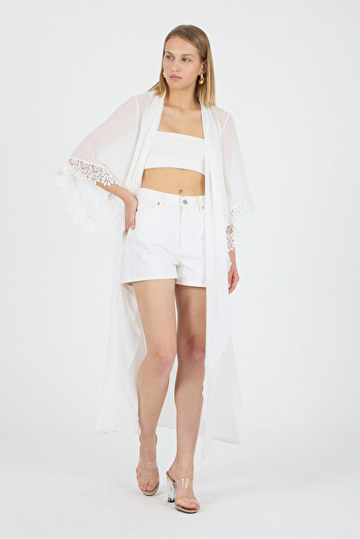 Laranor Guler șal alb Detaliu guipură cu mânecă Volan șifon Maxi kimono Kaftan îmbrăcăminte de plajă 25L8113
